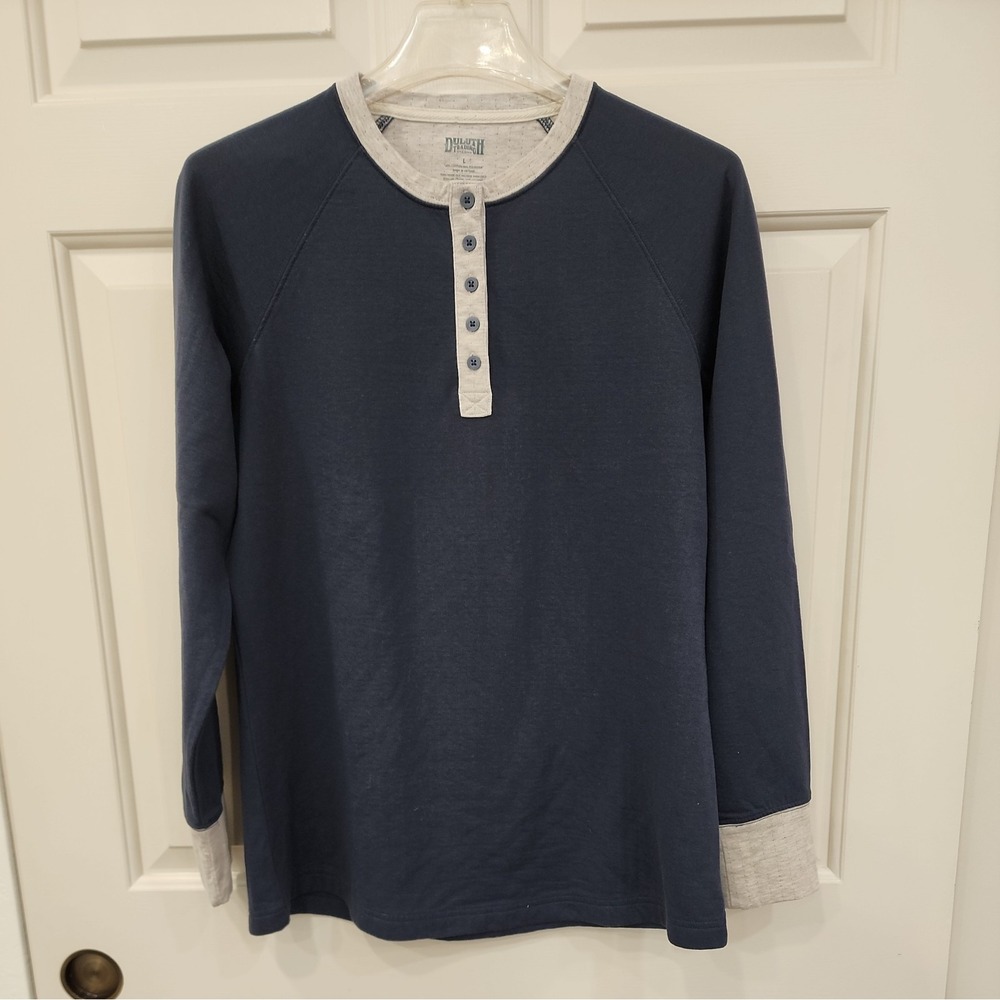 Duluth Trading Mens Large Henley Shirt  Blue Long Lined Sleeve Quarter Button